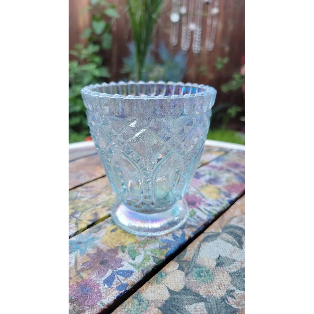 Vintage Imperial Ice Blue Carnival Glass Diamond Panel Toothpick Holder - 1970s
